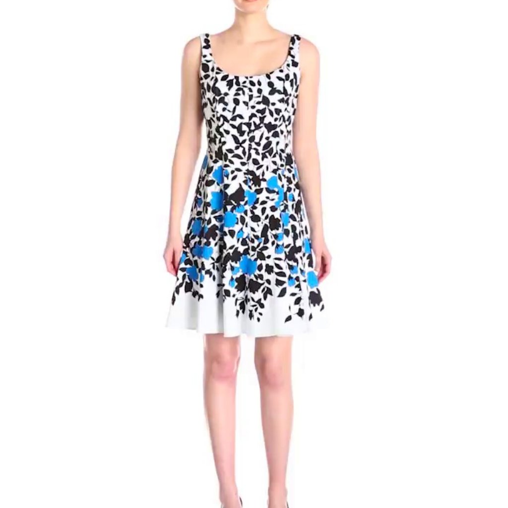Nine West Dress Boning Floral Cotton Blooming Vine White Blue